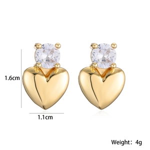 18K gold plated copper heart stud earrings with round zircon stones 1.6cm x 1.1cm