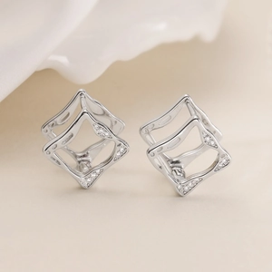 Elegant 18k gold plated hollow geometric rhombic earrings with sparkling white zircons