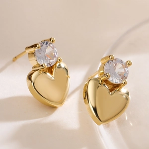 18K gold plated heart stud earrings with sparkling cubic zirconia in four-prong setting