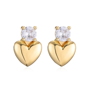 Elegant 18K gold plated heart stud earrings with round cubic zirconia in a four-prong setting