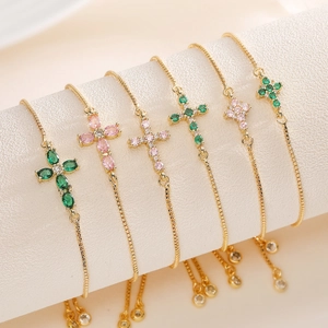 18K Gold Plated Copper Zirconia Cross Adjustable Bracelet For Women Minimalist Dainty Box Chain Jewelry Gift