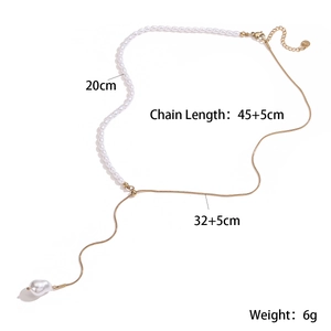 Chic gold stainless steel snake chain and pearl necklace with long tassel drop pendant