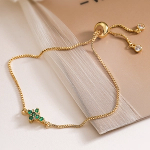 Elegant 18K gold-plated box chain bracelet with green zircon cross and adjustable slider
