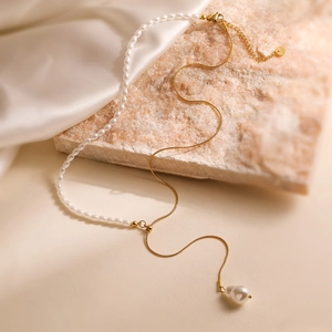 Fashion Stainless Steel Artificial Pearl Splicing Asymmetric Necklace Elegant Simple Artificial Baroque Pearl Pendant Necklace For Women Daily Commute Jewelry