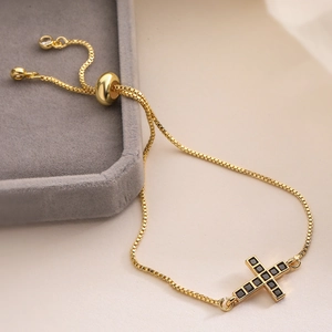 Bracelet élégant plaqué or 18 carats avec pendentif croix en zircon noir pour femme