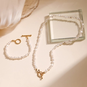 Baroque irregular pearl necklace and bracelet set with golden OT toggle clasp for women