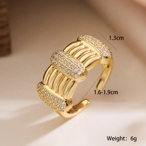 Detailed view of wide 18K gold plated geometric ring with micro-pave zircon accents