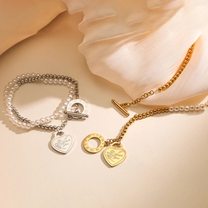 Retro 18K gold plated stainless steel pearl bracelet with heart pendant and OT buckle