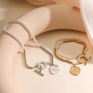 Vintage 18K Gold Plated Stainless Steel Layered Artificial Pearl Heart Bracelet Women Romantic Love Roman Numeral OT Buckle Jewelry