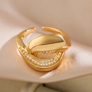 Minimalist 18K gold plated double cross open ring with sparkling white cubic zirconia