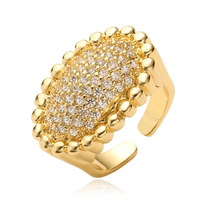 18K gold-plated geometric ring featuring a pavé zircon oval face and adjustable band
