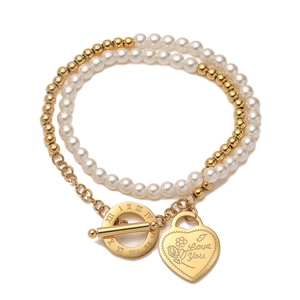Double-layer 18K gold-plated stainless steel pearl bracelet with heart pendant and OT clasp