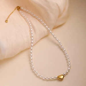 18K gold plated stainless steel pearl necklace with a polished heart pendant for women