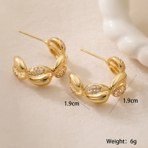 Elegant gold C-shaped twisted earrings with zircon stones, 1.9cm size for women