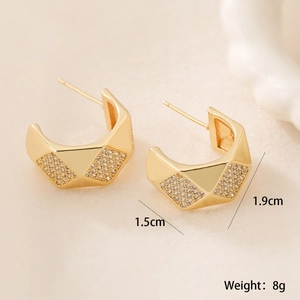 Minimalist 18K gold plated C-shape geometric earrings with sparkling zircon stones