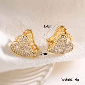 18K gold plated heart earrings with white cubic zirconia and hollowed design, 6g weight