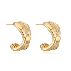 Minimalist 18K gold plated C-shaped earrings with micro-set zircons and golden bead accents