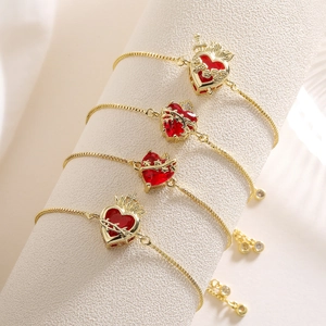 Heiliges Herz Verstellbares Armband Kupfer 18K Vergoldet Roter Zirkonia Kreuz Flamme Dornen Anhänger Schmuck Für Damen