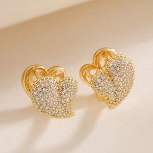 Luxury 18K gold plated heart earrings with white cubic zirconia pavé and hollow back