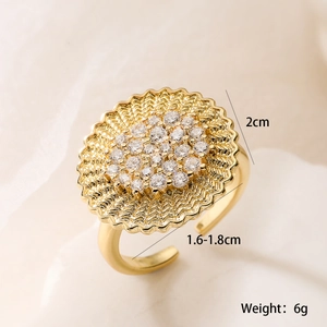 Exaggerated 18K gold plated copper flower ring with zircons and wavy texture design
