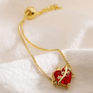 Verstellbares 18K Gold-Armband mit dornenumhülltem rotem Herz-Edelstein