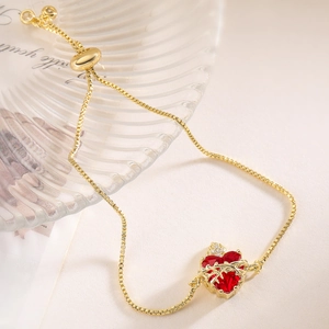 18K vergoldetes Herzarmband mit rotem Zirkonia und verstellbarer Boxkette für Damen