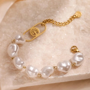 Baroque pearl gold-plated stainless steel tree of life bracelet with adjustable chain