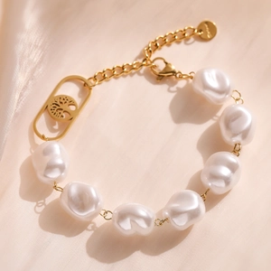 Artificial Baroque Pearl Stainless Steel Bracelet With Tree Of Life Pendant Gold Plated Elegant Adjustable Jewelry For Women Wedding