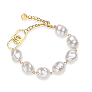 Gold-plated stainless steel tree of life bracelet with baroque pearls for women