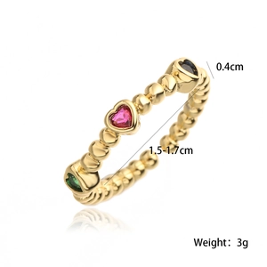 Detailed view of gold plated ring with colorful heart stones and product dimensions