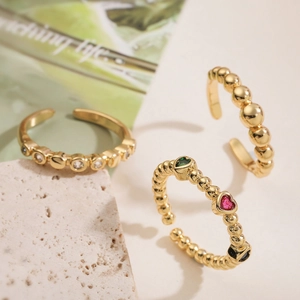 Elegant 18K Gold Plated Copper Open Rings For Women Zircon Geometric Heart Shaped Beaded Adjustable Fashion Jewelry Simple Versatile Rings