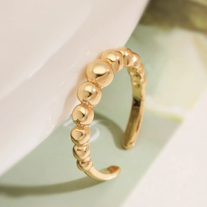 18K gold plated bead ring with adjustable open design and polished geometric finish