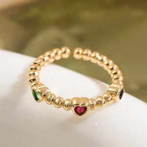 18K gold plated bead ring with heart-shaped colorful zircons and adjustable open band