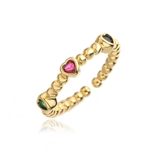18K gold plated beaded open ring with heart-shaped pink blue and green zircons