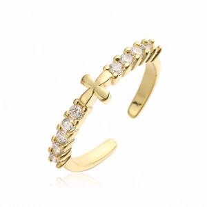 Elegant 18K gold plated heart and cross open ring featuring shimmering zircon stones