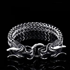 Retro Men Stainless Steel Double Dragon Head Bracelet Polished Braided Chain Titanium Steel Punk Domineering Wrist Jewelry