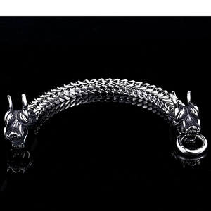 Mens vintage stainless steel double dragon head bracelet with scale chain and polished finish