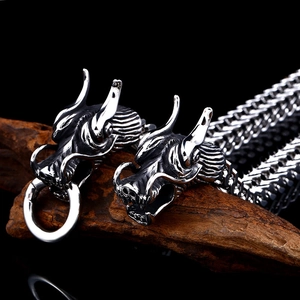 Men's retro stainless steel double dragon head bracelet with thick braided chain links