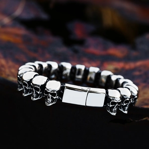 Vintage punk style stainless steel skull bracelet for men with oxidized silver finish