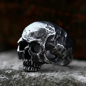 Vintage Stainless Steel Skull Ring For Men Gothic Punk Rock Skeleton Biker Rings Halloween Jewelry Gift Distressed Finish