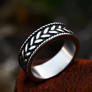 Vintage Nordischer Edelstahlring Für Herren Geflochtenes Weizenährenmuster Industriestil Poliertes Band Schmuck Geschenk