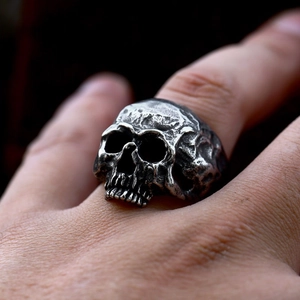 Gothic vintage stainless steel skull ring for men with realistic skeletal textures and details