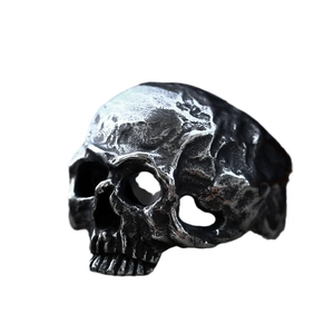 Gothic skull ring for men in vintage stainless steel with a distressed silver finish