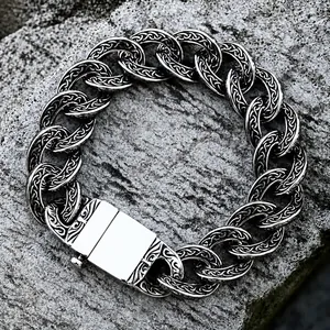 Vintage Viking Celtic Knot Titanium Steel Bracelet For Men Nordic Runes Pattern Distressed Silver Chain Link Bracelet Jewelry