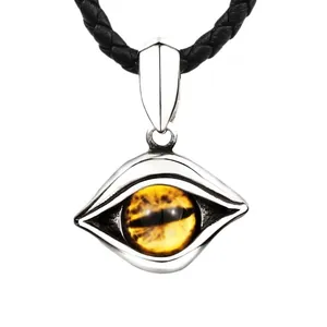 Vintage stainless steel evil eye pendant with amber eyeball and black braided rope necklace