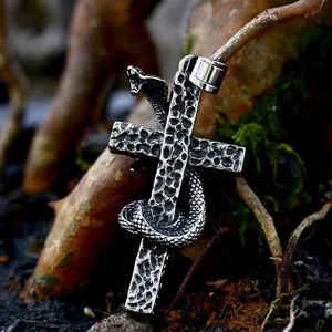 Vintage Nordic Stainless Steel Snake Wrapped Cross Pendant For Men Gothic Punk Hammered Texture Jewelry Pendant Only No Chain