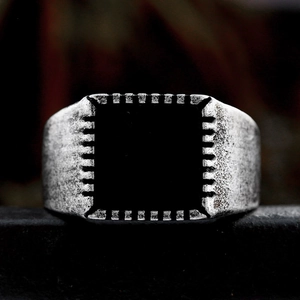 Vintage stainless steel signet ring for men with square black enamel and oxidized finish