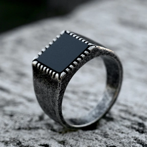 Vintage oxidized stainless steel ring for men with rectangular flat black stone inlay