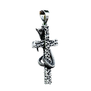 Vintage stainless steel cross pendant with coiled snake design and hammered metal finish