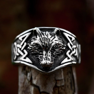 Vintage Viking Celtic wolf head ring in antique silver stainless steel for men